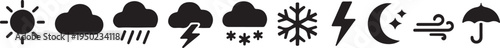 Weather symbol set with sun, cloud, rain, storm and snow icons for forecast, climate and UI design.