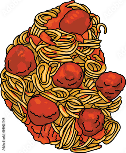 Italian Spaghetti with Meatballs in Tomato Sauce, Delicious Pasta Food Vector Illustration