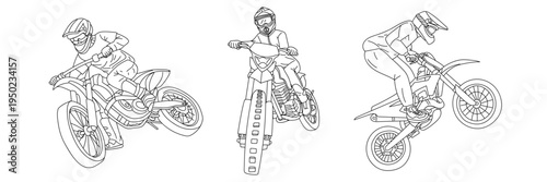 Monochrome outline illustration set with enduro riders on dirt bikes. Linear art symbols for World Motorcyclist Day, extreme sport competition posters or hobby stickers. Isolated vector graphics
