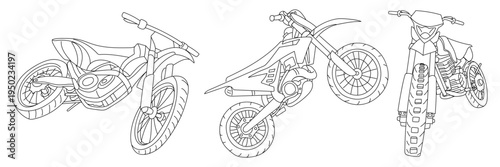 Monochrome outline illustration set with enduro dirt bikes. Linear art symbols for motocross racing posters, world motorcyclist day design or hobby stickers. Isolated vector graphics