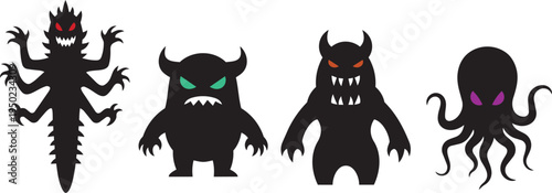 Black silhouette monster icons cartoon fantasy horror design vector spooky strange style