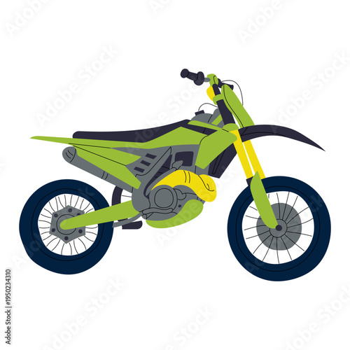 Flat illustration of green motocross motorcycle isolated on white background. Sports vehicle graphic for extreme racing banners, biker club stickers, transport posters or motor adventure designs.