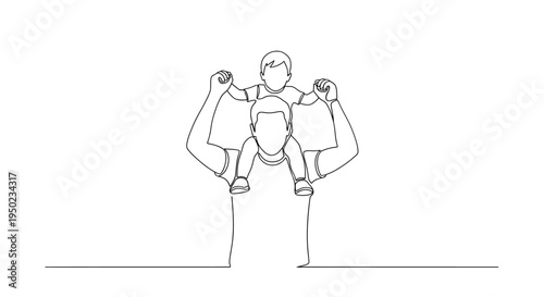 Minimalist line art illustration of a father carrying a child on his shoulders while holding hands.