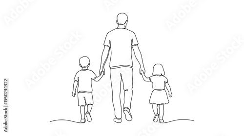 Minimalist line art illustration of a father walking with two children from a rear view. Clean thin outline drawing representing family bonding, parenting, and fatherhood.