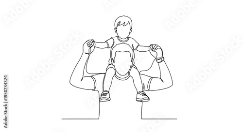 Minimalist line art illustration of a father carrying a child on his shoulders while holding hands.