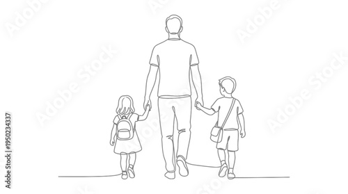 Minimalist line art illustration of a father walking with two children from a rear view. Clean thin outline drawing representing family bonding, parenting, and fatherhood.