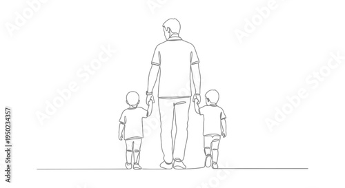 Minimalist line art illustration of a father walking with two children from a rear view. Clean thin outline drawing representing family bonding, parenting, and fatherhood.