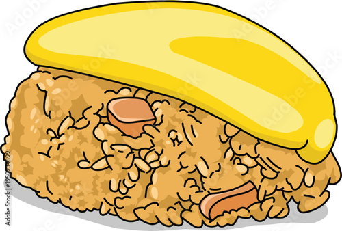 Japanese Omurice Omelet Rice, Traditional Asian Fried Rice with Egg and Sausage Vector Illustration