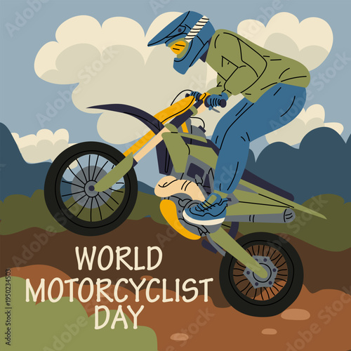 World Motorcyclist Day square greeting card with outline rider performing jump on bike against sky and clouds background. Flat illustration for extreme sports banners or social media posts.
