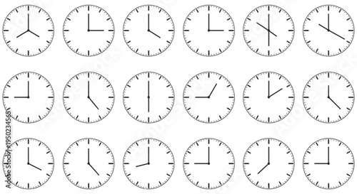 Vector graphic illustration grid of multiple analog clocks displaying diverse times for time-telling education design