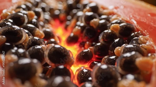Macro close up fresh ripe papaya fruit with dark seeds and vibrant orange flesh healthy food concept