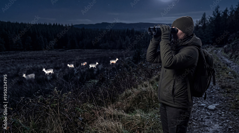 Fototapeta premium Person observing deer in wilderness using advanced night vision binoculars