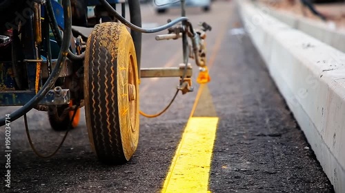Close-Up of Road Marking Machine Applying Yellow Line on Asphalt