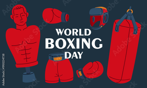 Flat illustration for World Boxing Day with training dummy, punching bag, gloves, shorts and helmet. Sport graphic for social media posts, fitness web banners or martial arts training posters