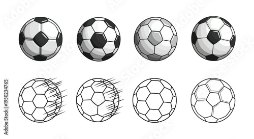 Collection of eight monochrome soccer ball vector illustrations showing movement and different outline styles