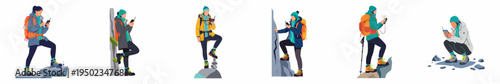 Flat vector illustrations of women mountain climbers using walkie-talkies and satellite communicators during outdoor adventures.