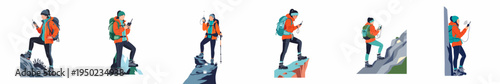 Set of illustrations depicting a female hiker in outdoor gear using a walkie-talkie while navigating rocky mountain peaks for adventure and safety.