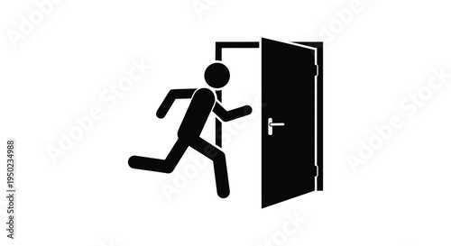 Stick figure vector illustration depicting a person quickly exiting through an open door graphic design.