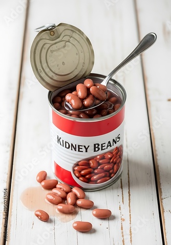 Opened metal container displays preserved legume food product with a utensil resting on top