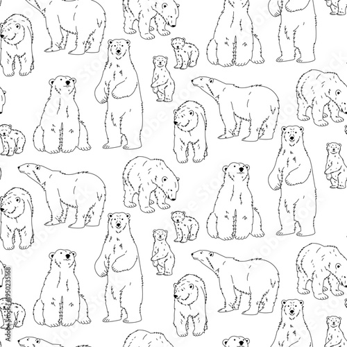 Monochrome outline seamless pattern with polar bears and cubs. Linear art arctic animals background for winter textile, nursery wallpaper or nature wrapping paper. Seamless texture