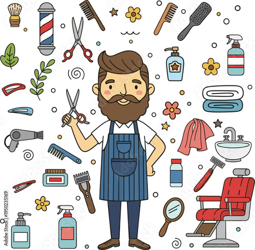 Barber Shop and Hair Salon Vector Set, Male Hairdresser with Scissors Chair and Tools Illustration