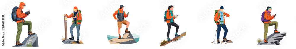 Fototapeta premium Set of diverse hikers and mountaineers using modern navigation devices, smartphones, and GPS trackers while trekking, flat vector illustrations on white background.
