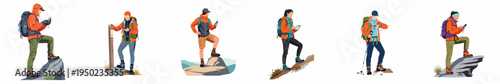 Set of diverse hikers and mountaineers using modern navigation devices, smartphones, and GPS trackers while trekking, flat vector illustrations on white background.