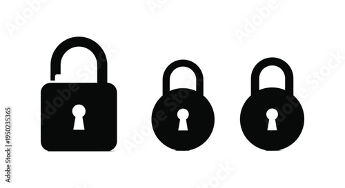 Vector illustration of security padlocks, one open and two closed, representing protection and access.