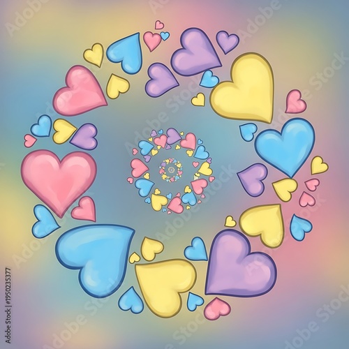 Colorful hearts spiral outward from a central point against a soft pastel background