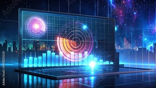 Futuristic Data Visualization on a Laptop Screen with Cityscape Background Display