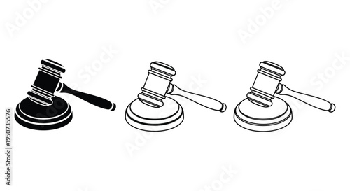 Three distinct vector graphic illustrations of a judge's gavel resting upon its sounding block's presentation