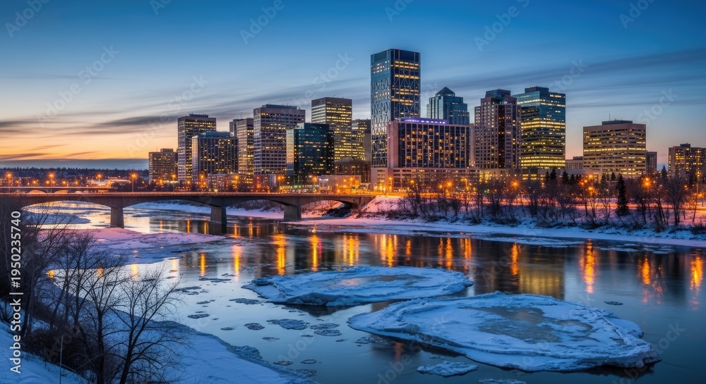 Fototapeta premium City Skyline at Dusk with Frozen River.