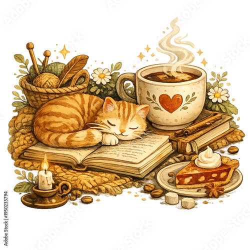 cozy cat coffee and comfort, cute cozy cat with coffee illustration, kawaii cat relaxing with coffee cup, adorable chibi cat cozy vibes art, comfy cat with warm drink graphic, cute cat snuggling with 