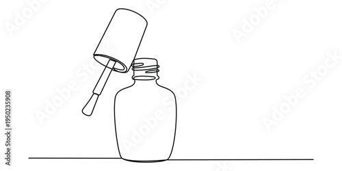 Continuous single line drawing of an open nail polish bottle with an applicator brush attached