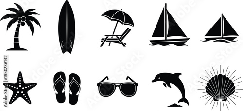 Black Summer Beach Icon Set Featuring Palm Tree Surfboard Deck Chair Sailboat Starfish Flip Flops Sunglasses Dolphin and Seashell Vector Silhouettes