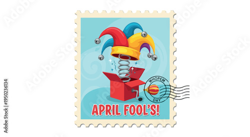 Illustration of a colorful jester's hat popping out of a red mailbox with 'APRIL FOOL'S!' text on a light blue background with a playful mood.