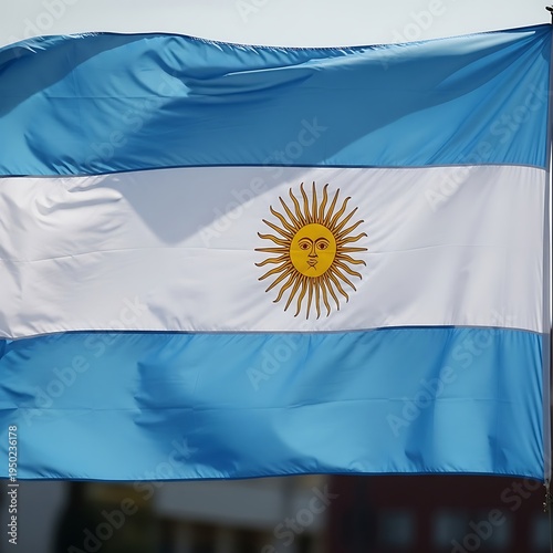 National banner with light blue and white stripes displaying a golden sun emblem waving outdoors