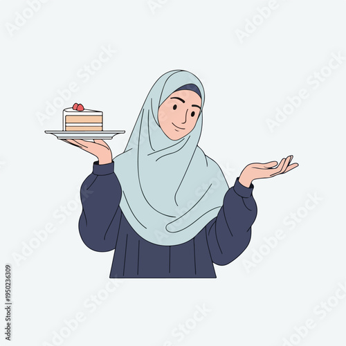 Woman wearing hijab presenting cake on tray smiling
