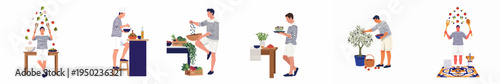 Set of flat vector illustrations depicting a young man preparing healthy Mediterranean meals with fresh ingredients like salad, olives, and tomatoes.
