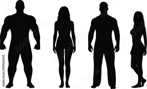 Black silhouette human body icons tall slim muscular design vector fashion anatomy style