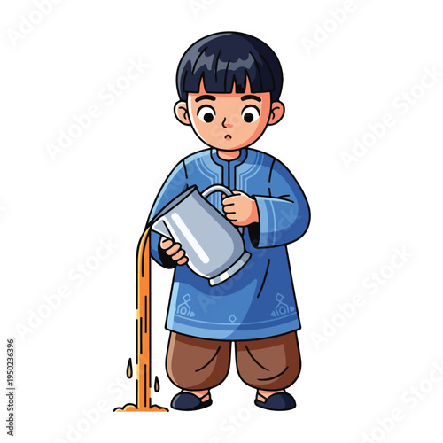 Boy spills juice from metal pitcher