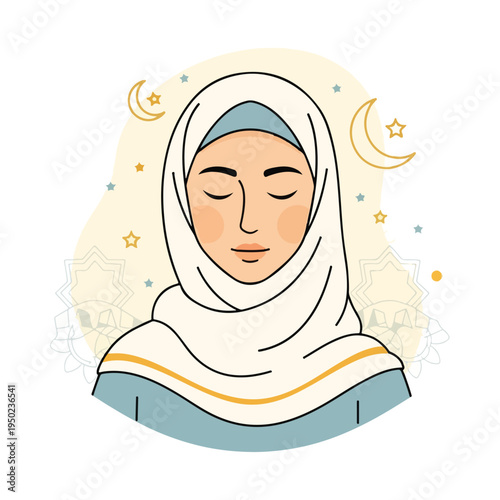 Serene woman wearing hijab with closed eyes amidst celestial elements