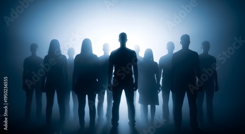Silhouettes of people standing together in a dark room with a bright light