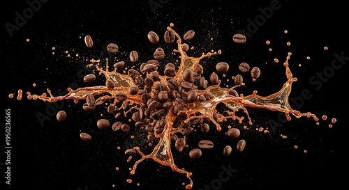 Roasted coffee beans collide with liquid resulting in a dynamic dark splash against a black background
