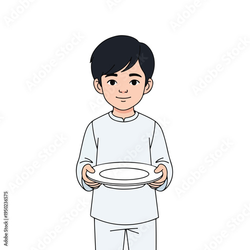 Boy holding empty plate smiling