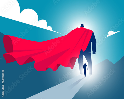 Help. The leader giant business wearing the red cape giving the right path to the small businessman