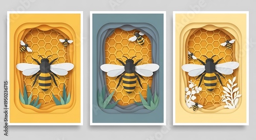 Three distinct paper cut style posters feature honey bees against a honeycomb background in varied color palettes