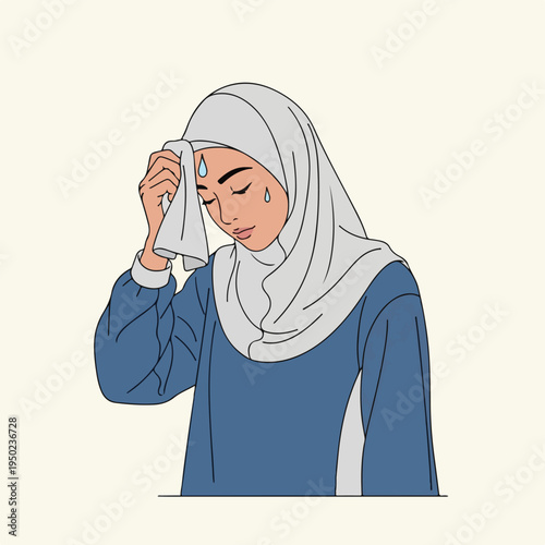 woman in hijab wiping sweat from forehead with a cloth