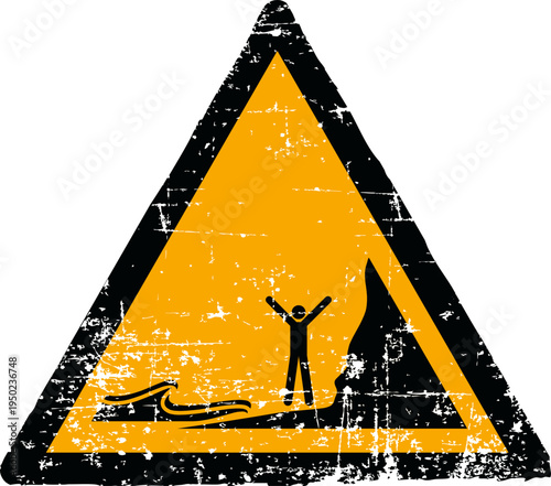 Grunge incoming tides warning sign worn scratched ISO 7010 W060 hazard symbol