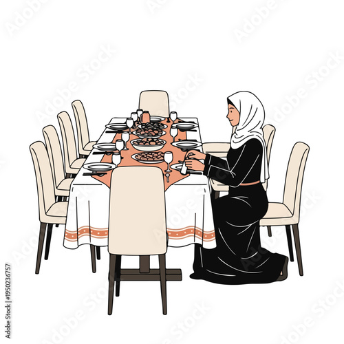 Woman in traditional attire sitting at a formal dining table set for a meal